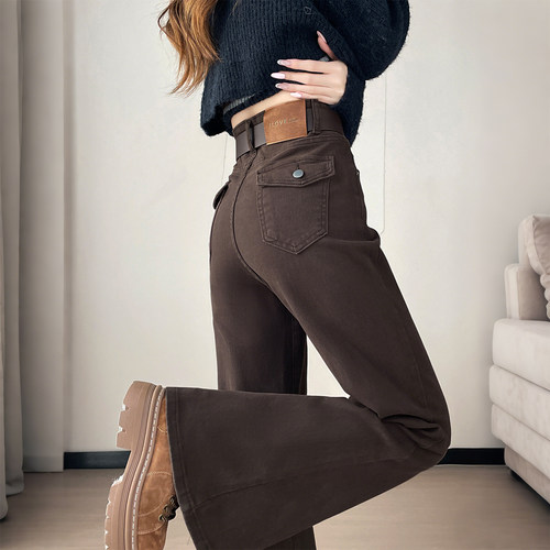 特大码女装胖mm复古喇叭牛仔裤女加绒加厚高腰遮肉咖色阔腿裤子潮 - 图3