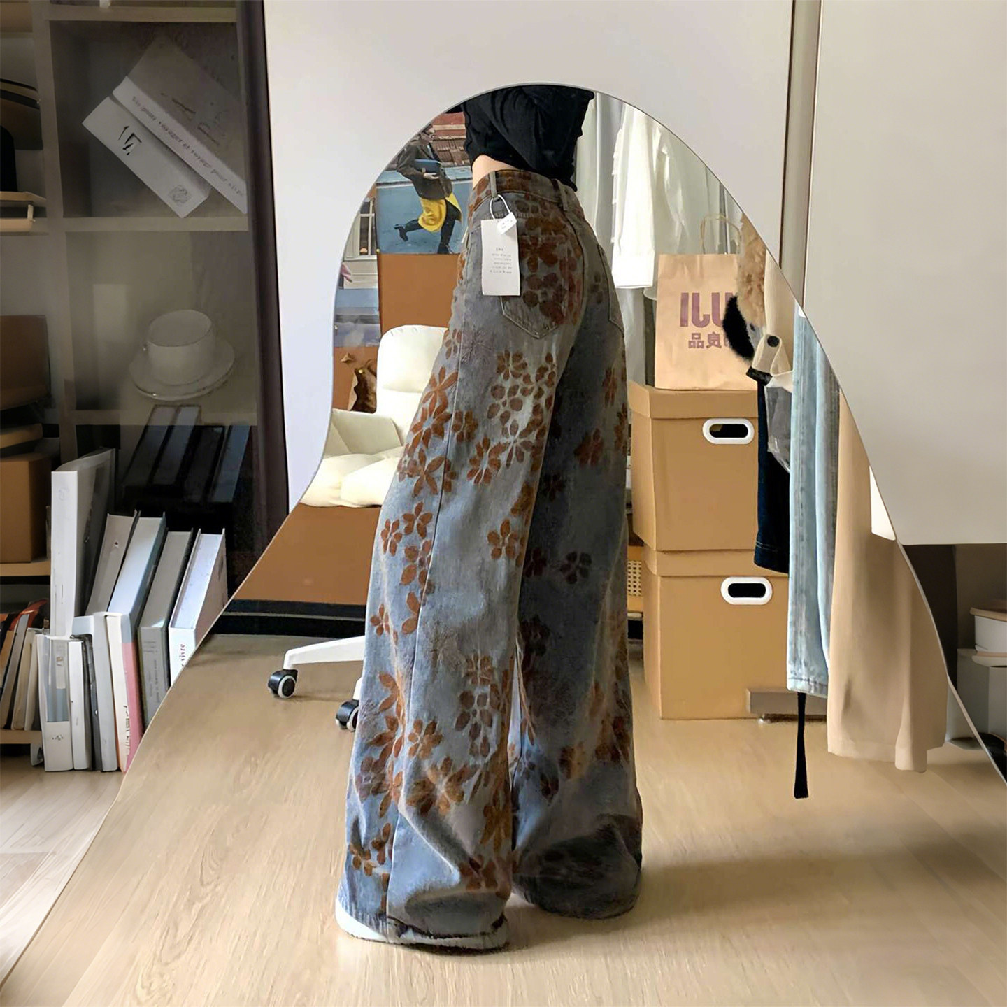 特大码女装胖mm复古设计感印花阔腿牛仔裤女高腰宽松显瘦弯刀裤潮,淘宝优惠券,粉丝福利购,淘宝优惠卷