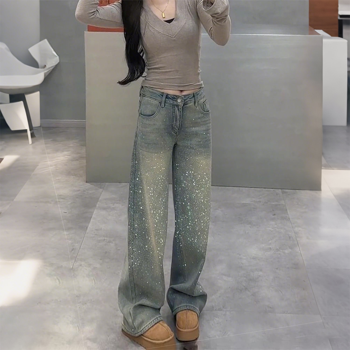 特大码女装胖mm满天星烫钻重工高腰阔腿牛仔裤女宽松显瘦直筒裤潮,淘宝优惠券,粉丝福利购,淘宝优惠卷