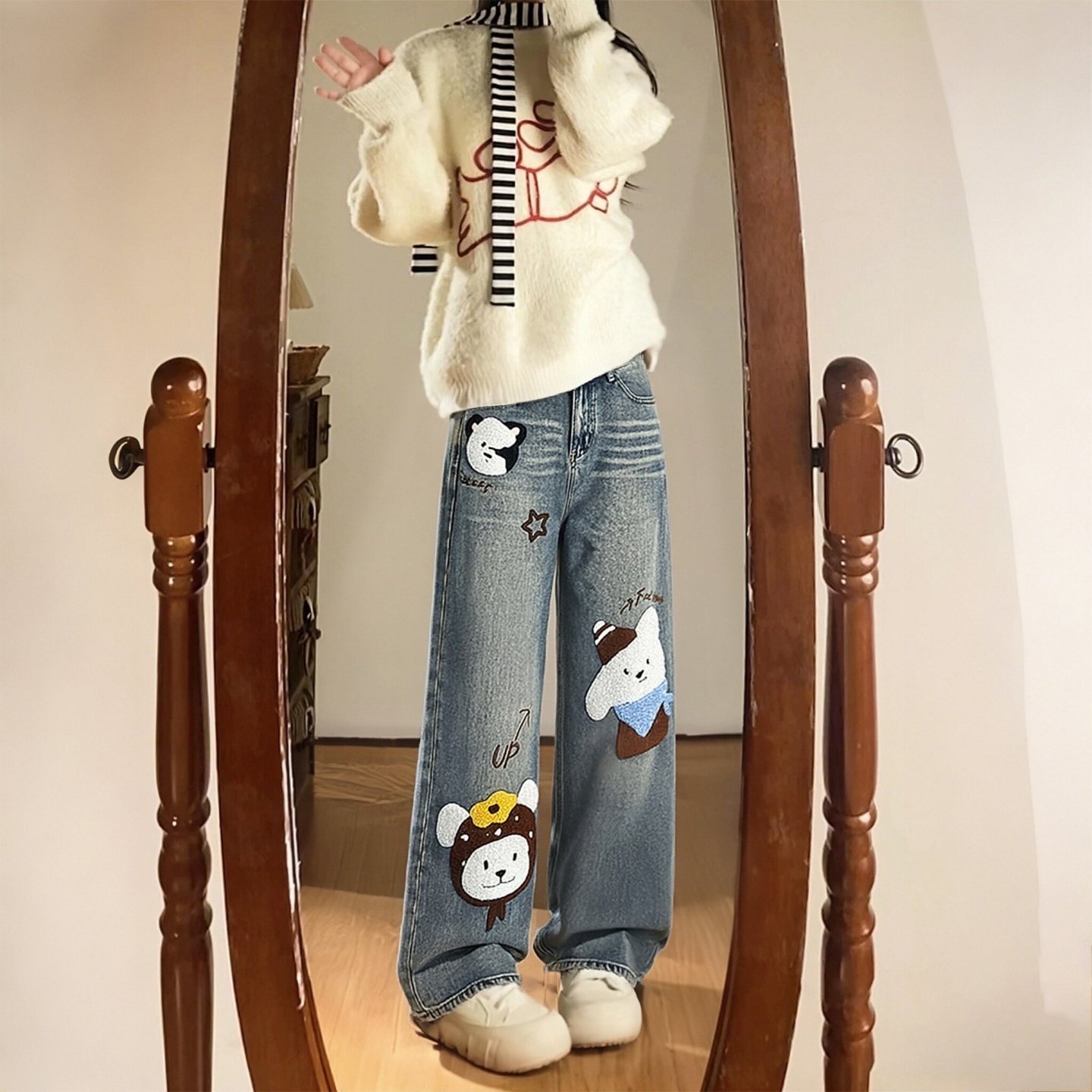 大码女装胖mm美式卡通风小狗贴布牛仔裤女高腰显瘦百搭直筒阔腿裤,淘宝优惠券,粉丝福利购,淘宝优惠卷