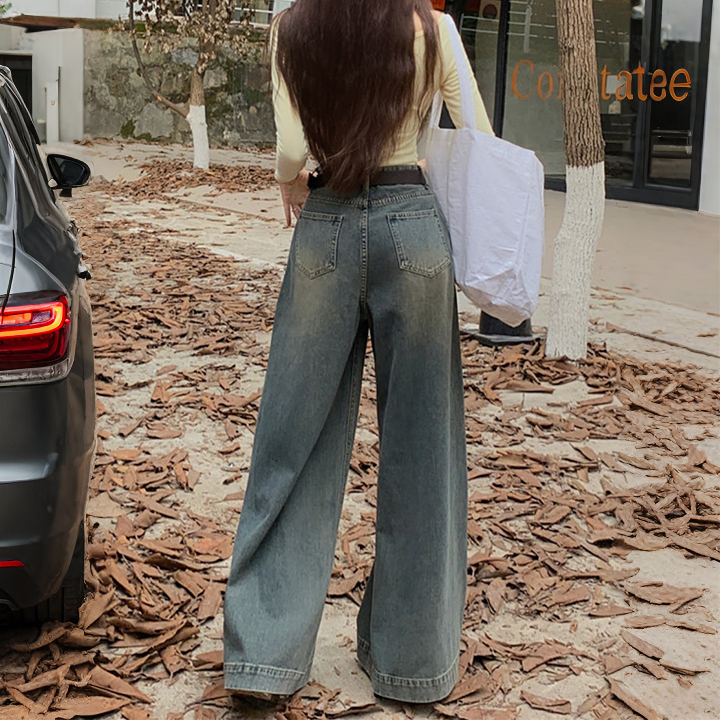 特大码女装胖mm复古高腰阔腿牛仔裤女宽松显瘦百搭直筒拖地长裤子 - 图0