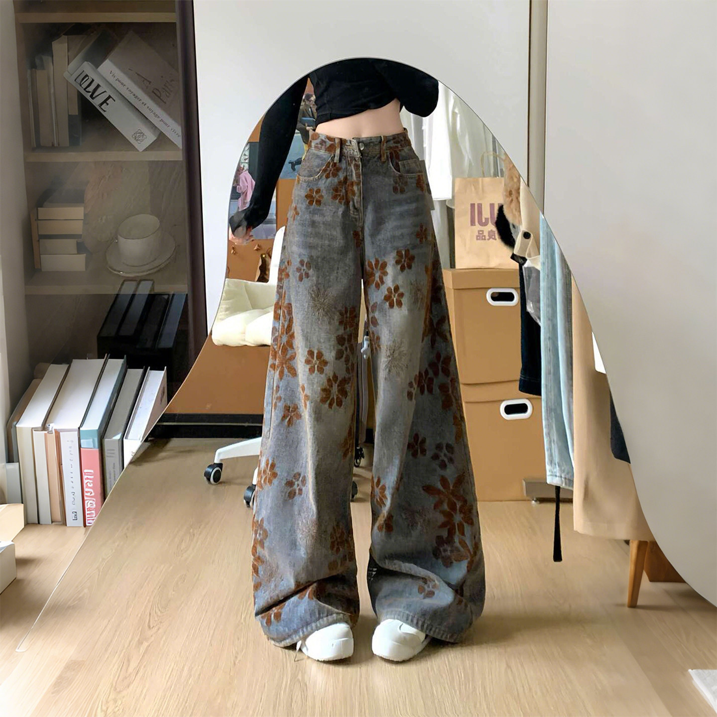 特大码女装胖mm复古设计感印花阔腿牛仔裤女高腰宽松显瘦弯刀裤潮,淘宝优惠券,粉丝福利购,淘宝优惠卷