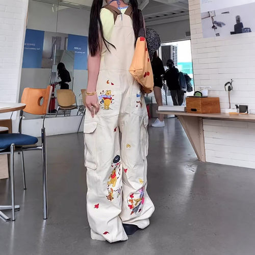 特大码女装胖mm美式慵懒风甜酷卡通小众刺绣牛仔背带裤宽松阔腿裤 - 图2