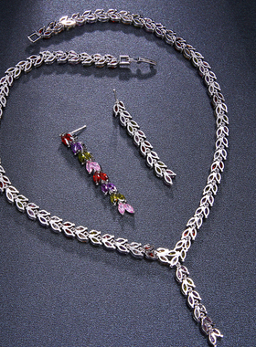 芒果饰品经典优雅七彩项链耳环套装宴会年会首饰