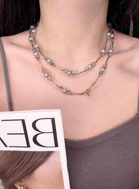 丽银丽贝丽冷淡风银灰色珍珠项链双层叠戴满天星贝珠高级感项链