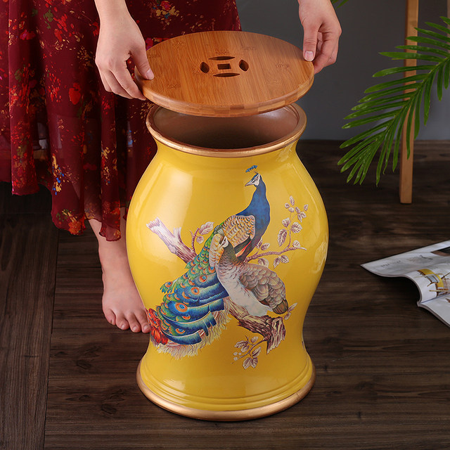 New flower and bird bamboo wood craft decorative storage drum stool
