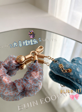 复古辣妹风蓝棕豹纹纱手机链爱心牛仔亮片手腕挂绳钥匙挂件