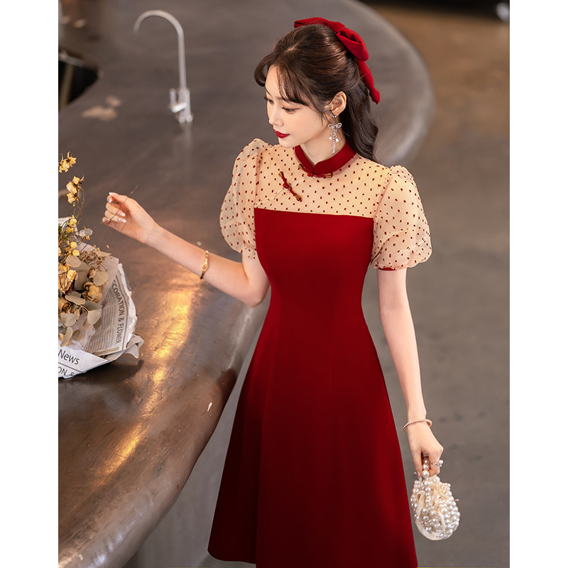 旗袍新娘平时可穿酒红色高级敬酒服 韩兰朵礼服/晚装