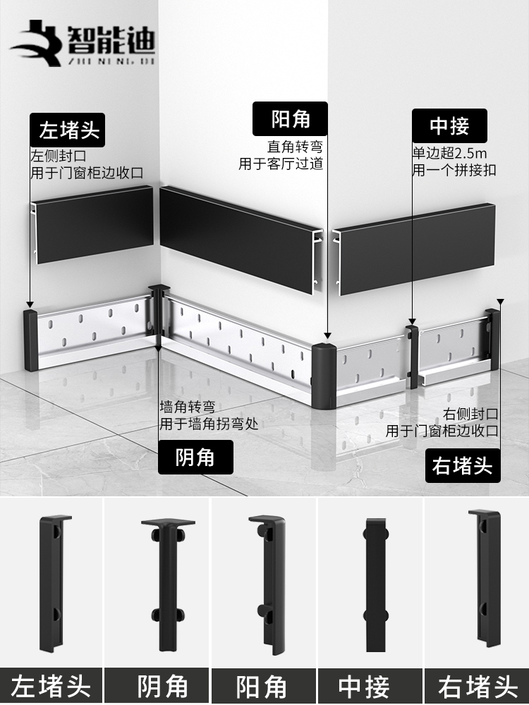 新款铝合金踢脚线地脚线扣板踢角线黑白金属不锈钢家装墙角线贴条-图0