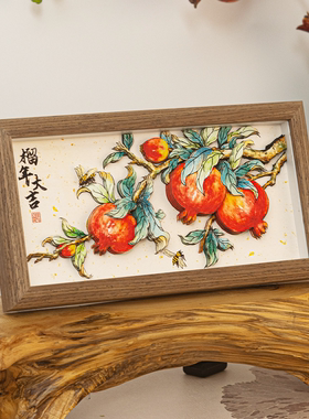 榴年大吉实木石榴花招财摆件