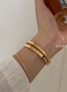 ZIZHI STUDIO法式手镯欧美锆石开口时髦叠戴不掉色高级感钛钢手环
