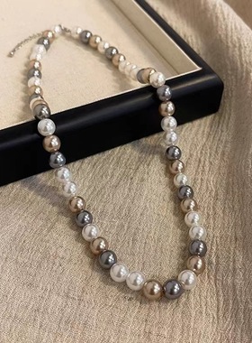 NK-129灰白粉混色玻璃珍珠项链轻奢女新款颈链锁骨链网红饰品