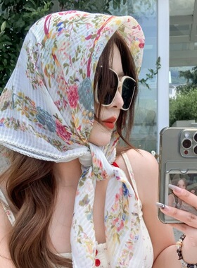 棉麻丝巾女波点90x90cm方巾轻薄四季款对折包头三角巾领巾防晒巾