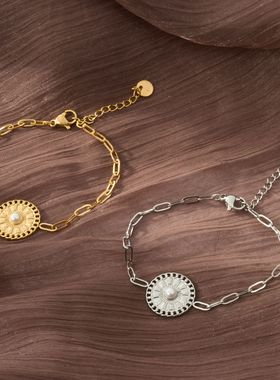 法式钛钢珍珠手链女合集镶嵌串珠欧洲不锈钢设计跨境中古