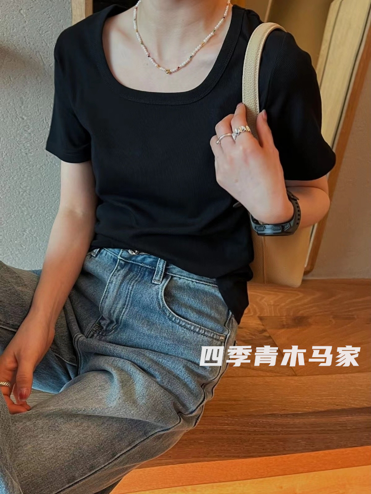 木马家 心头爱!瘦瘦tee 方领短袖T恤女 小版型修身小衫女锁骨上衣 - 图0