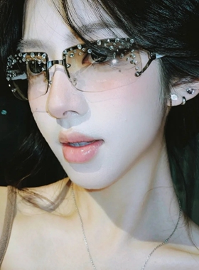 千禧年y2k上半框镶钻辣妹墨镜女