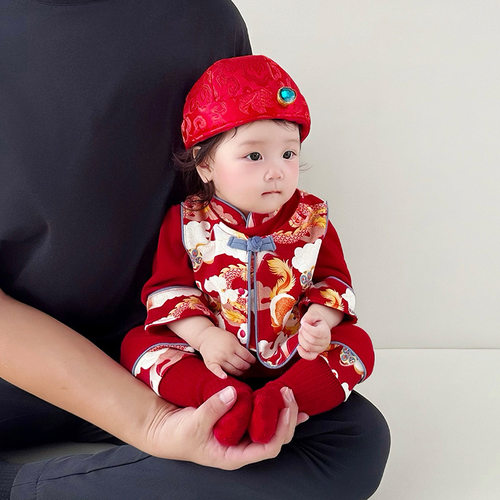 婴儿春秋满月百天衣服新中式大红色宝宝长袖连体衣喜庆周岁礼服 - 图2