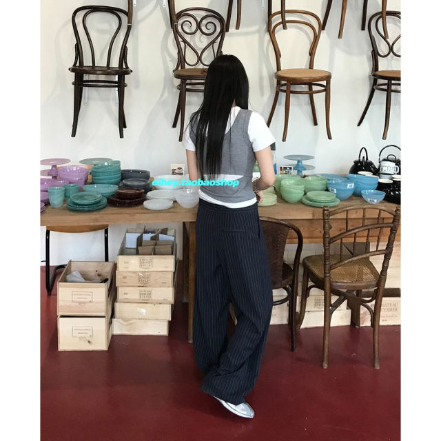 Eihey eh hey spliced waist high waist tie design versatile striped dark pattern drape suit pants casual pants