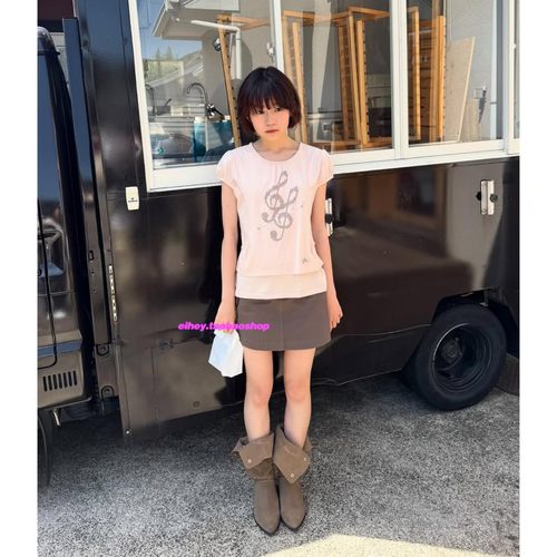 eihey诶嘿2025夏季新品纯色音符印花假两件短袖圆领套头上衣T恤女 - 图2