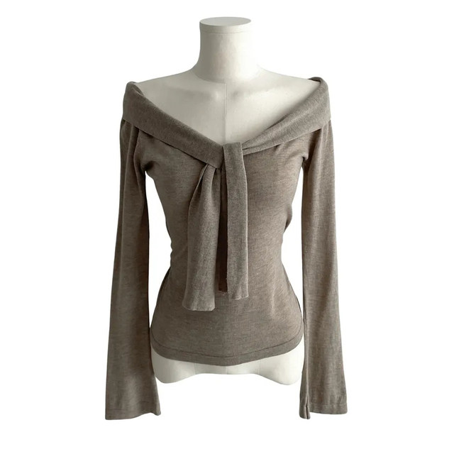 Eihey early spring retro bow hottie off-shoulder twist versatile slim knitted long-sleeved T-shirt top for women