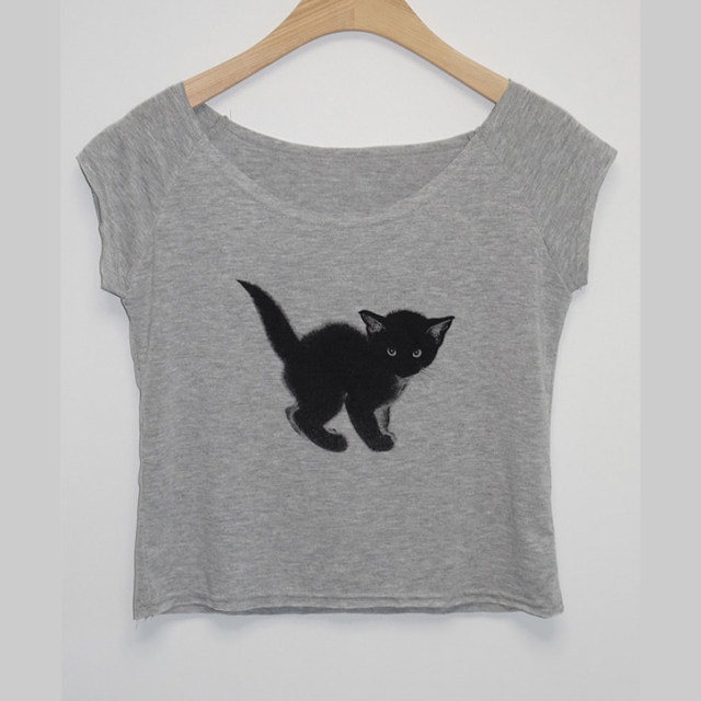Eihey eh sweet cool little black cat Korean girl printed round neck short-sleeved T-shirt summer casual short slim top