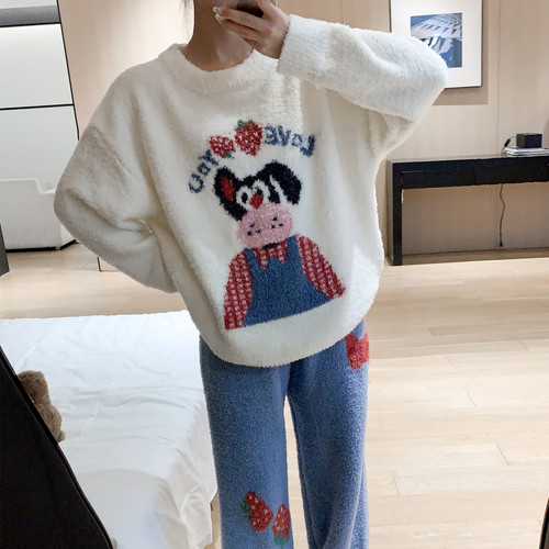 卡通可爱狗狗软绵绵加厚睡衣女冬季长袖套装宽松休闲保暖家居服 - 图0