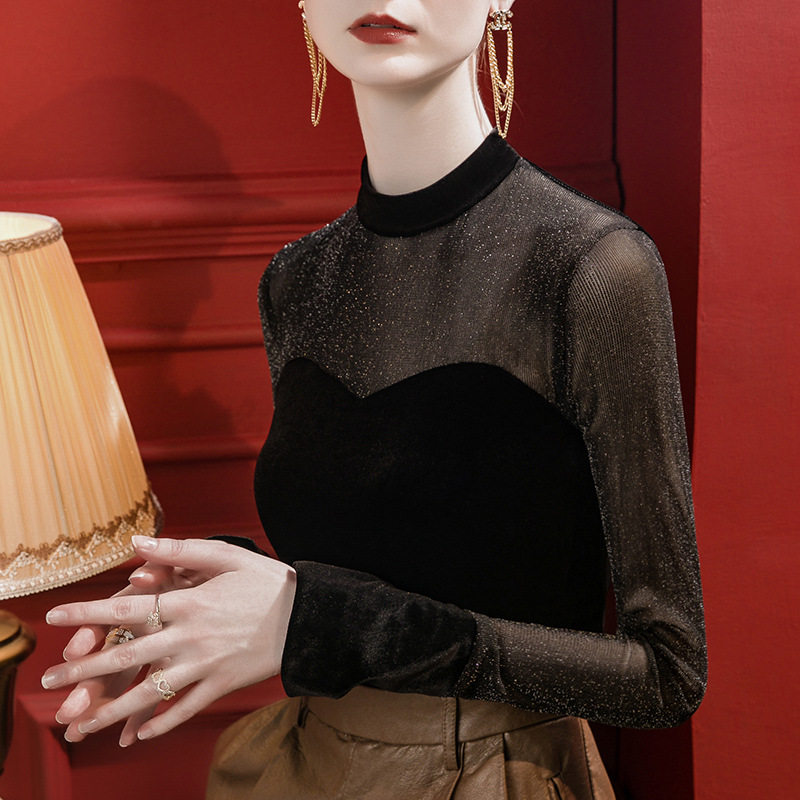 小立领亮丝网纱拼接丝绒女喇叭袖秋冬新款拉丁舞上衣国标摩登舞服,淘宝优惠券,粉丝福利购,淘宝优惠卷