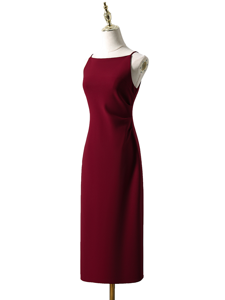 高级感法式酒红色吊带裙复古浪漫连衣裙2024夏季新款气质礼服长裙-图3