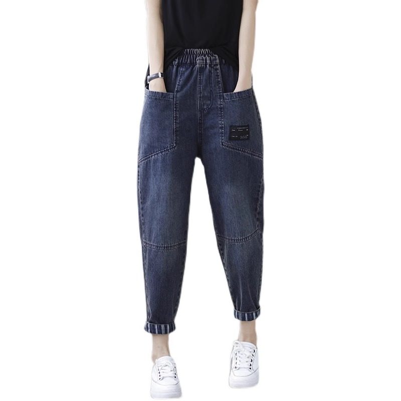 复古做旧水洗贴布拼接牛仔哈伦裤女2024夏季宽松休闲老爹裤潮,淘宝优惠券,粉丝福利购,淘宝优惠卷