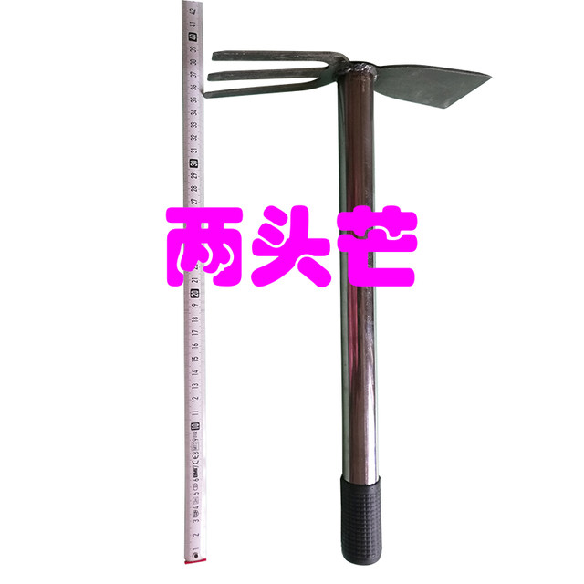 Two busy rakes and hoe agricultural and gardening tools for growing vegetables, weeding, harvesting vegetables, plowing soil, loosening soil and digging holes
