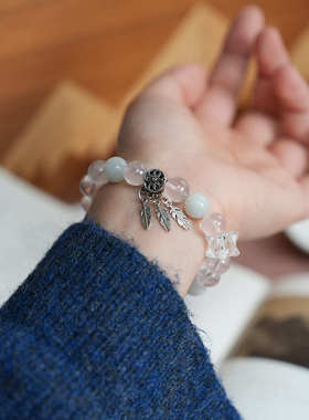 普陀山天然粉水晶手链S925银揽财树叶高级感水晶手串招财淡水珍珠