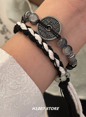 原创手作水墨山鬼花钱编绳男手链女百无禁忌情侣款手串新中式手持