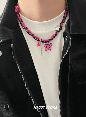 粉色蝴蝶拼接项链女款锁骨链男嘻哈小众设计高级感毛衣卫衣链新款