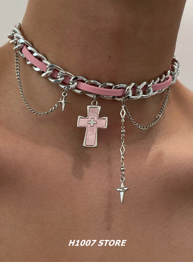 粉十字架芒星短颈链男小众y2k亚文化皮质choker链条缠绕女款项圈
