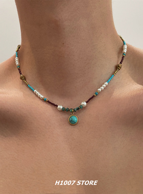 手作串珠绿松石男项链小众设计高级感百搭颈链古风女锁骨链毛衣链