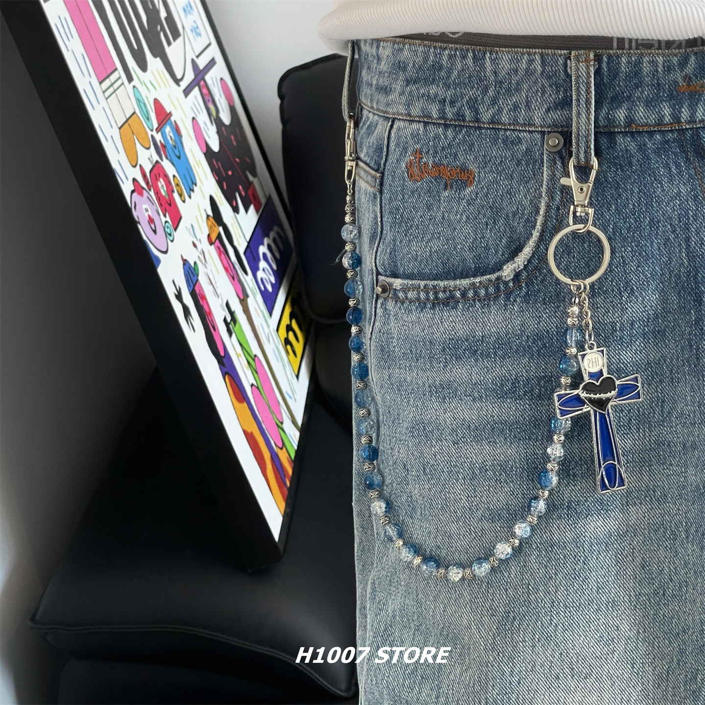 H1007原创款人像串珠男裤链女嘻哈风小众设计感牛仔裤工装裤挂链 - 图1