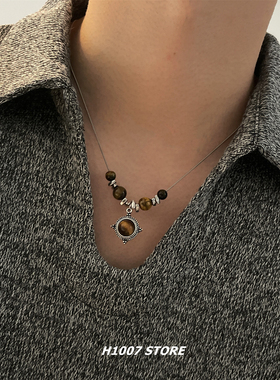设计师款虎眼石芒星串珠男项链女小众设计毛衣链复古民族风锁骨链