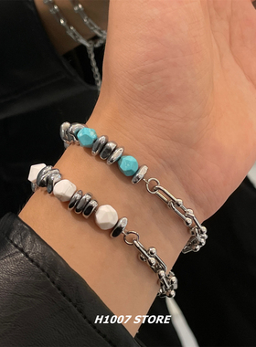 美式复古松石拼接钛钢男款手链女小众设计高级手串嘻哈风百搭新款