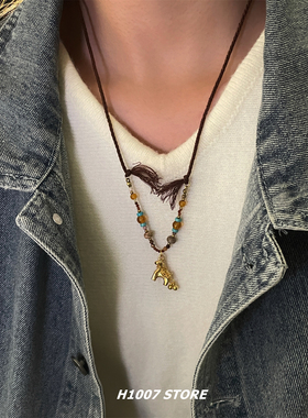 美拉德民族风复古虎眼串珠项链女小众设计感高级锁骨链男款毛衣链