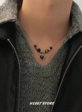 定制款爱心虎眼石串珠男款项链女小众设计毛衣链复古民族风锁骨链
