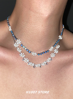 白色碎花蓝钻链拼接男款项链小众设计女颈链嘻哈甜酷风锁骨链配饰