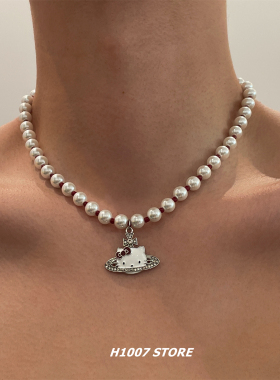 KT猫珍珠项链女小众设计感男锁骨链高级感嘻哈颈链毛衣链新款配饰