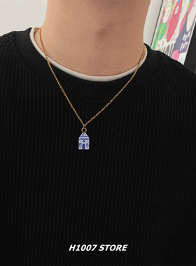 蓝色小房子嘻哈风钛钢男款项链不掉色小众感百搭款锁骨链女毛衣链