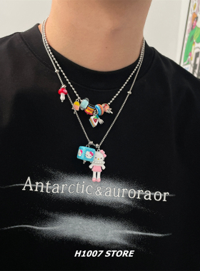 可爱彩色卡通方块kt猫男项链女配饰锁骨链小众设计感甜酷款毛衣链
