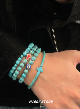 嘻哈风美式十字架串珠男款手串女仿松石小众设计感情侣款手链新款