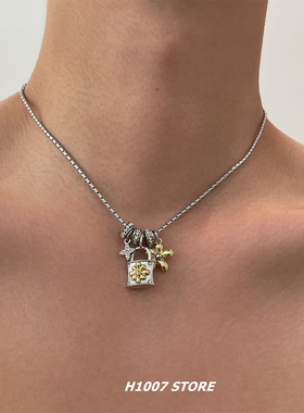 美式做旧嘻哈花朵锁头项链男款毛衣链小众设计感锁骨链女颈链配饰