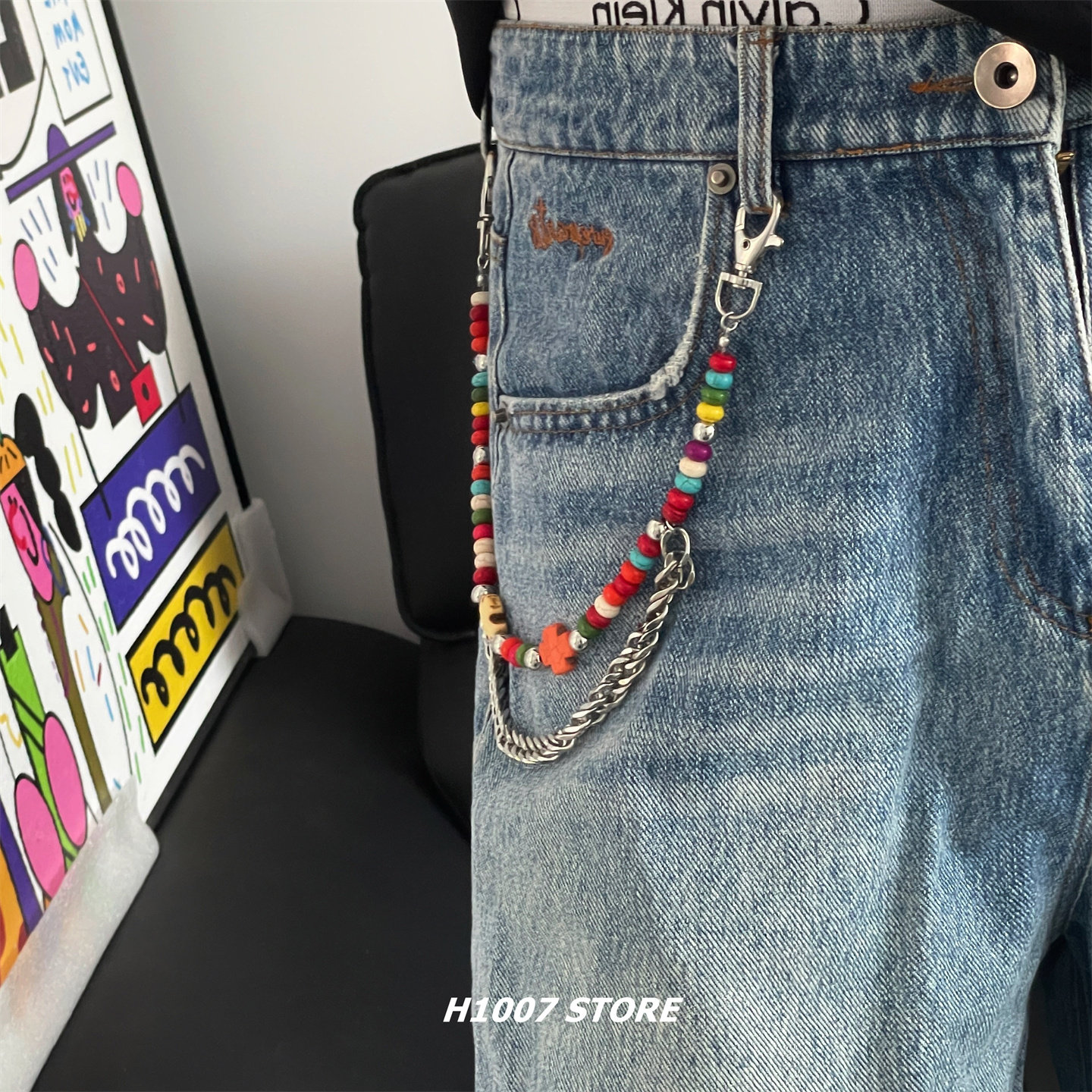 十字架彩色串珠嘻哈风男款裤链女小众设计感腰链牛仔裤工装裤挂链