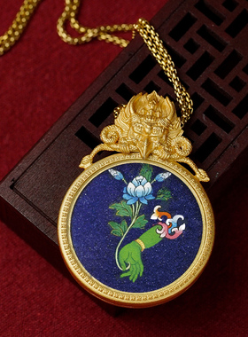 青金石岩砂唐卡吊坠黄铜大鹏鸟唐卡画盒嘎乌盒黄财神绿度母文殊