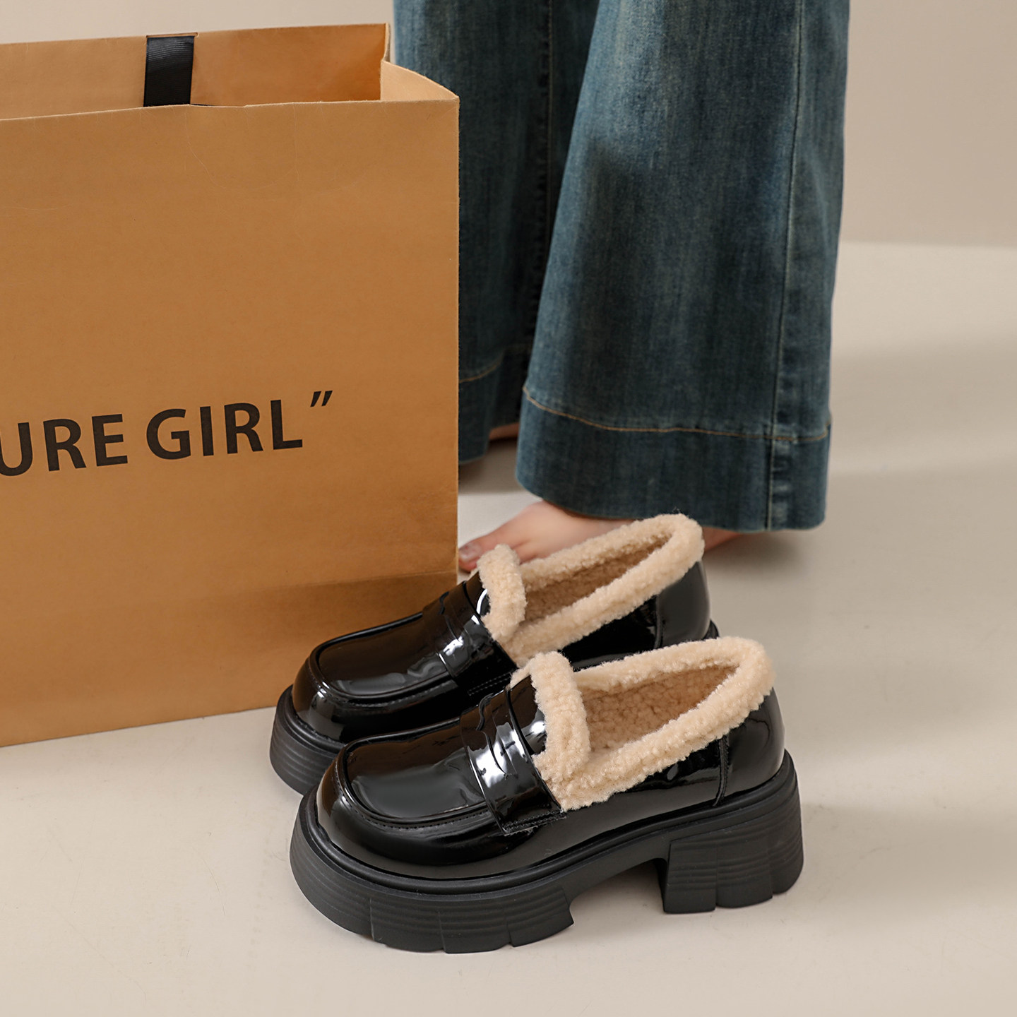 超厚底乐福鞋女2025新款冬季加绒保暖外穿一脚蹬懒人豆豆棉鞋34码,淘宝优惠券,粉丝福利购,淘宝优惠卷