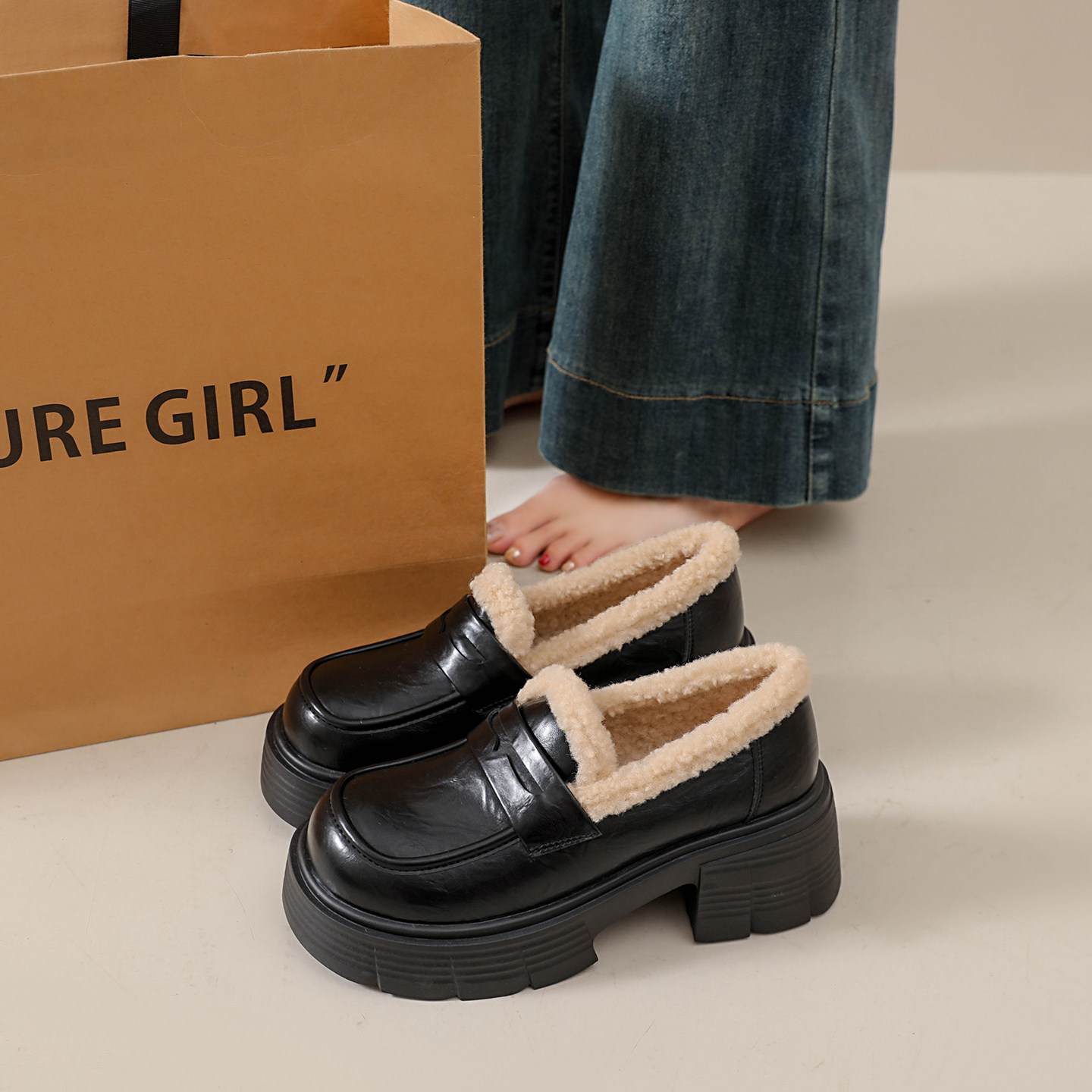 超厚底乐福鞋女2025新款冬季加绒保暖外穿一脚蹬懒人豆豆棉鞋34码,淘宝优惠券,粉丝福利购,淘宝优惠卷